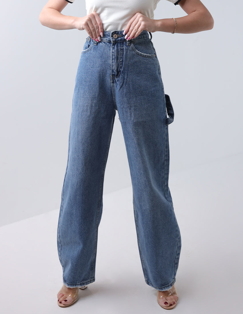 High-waisted baggy blue jeans with side embellishments