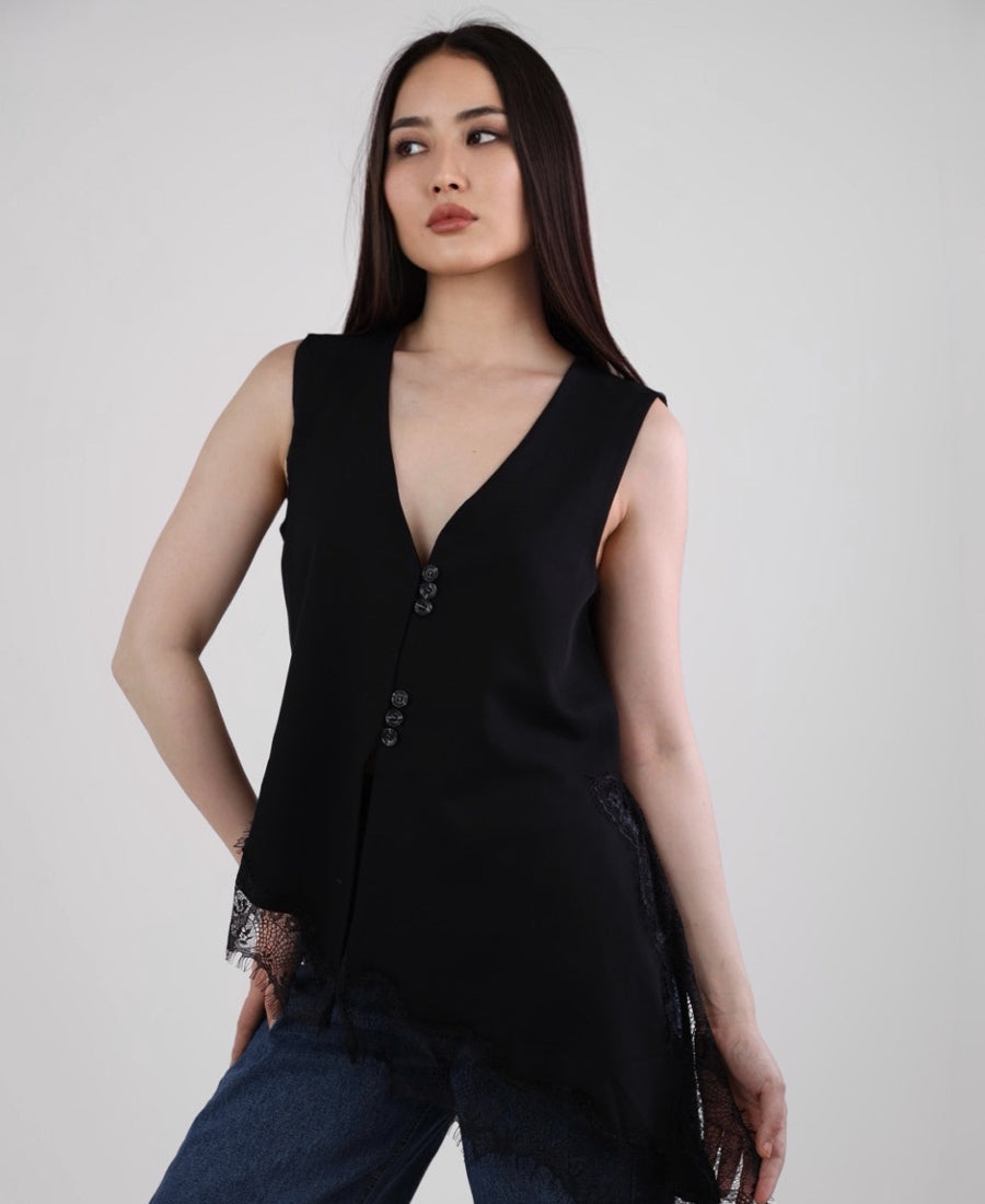 Vest black long waist lace