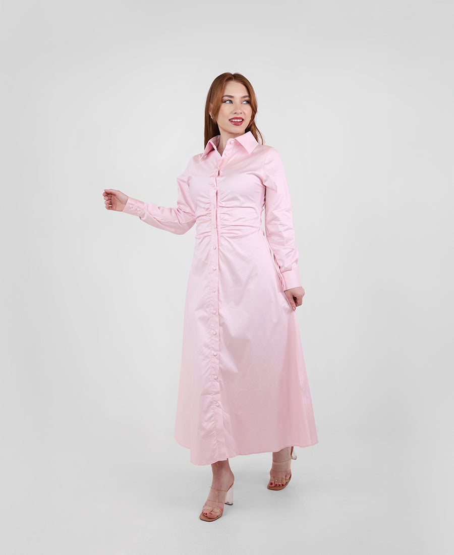 Long dress with a ruffled waist and buttons
