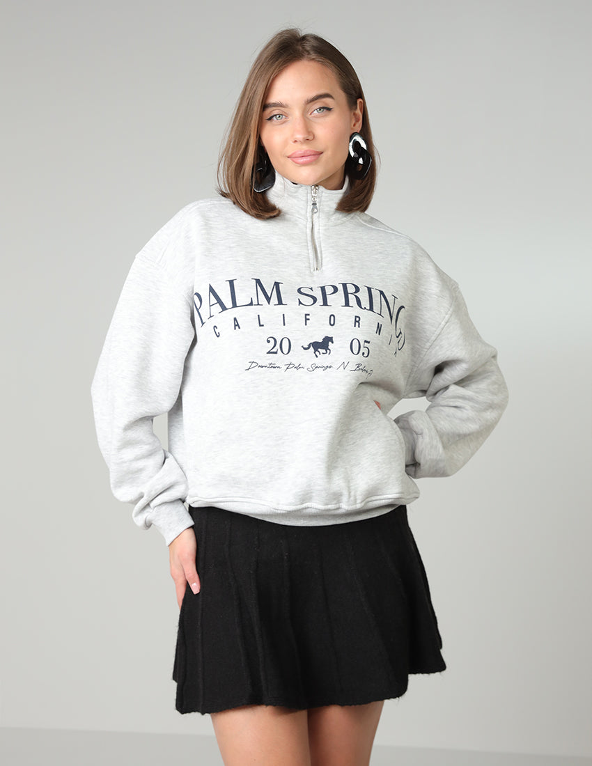 High Neck Half-Zip Sweatshirt with Horse Print and "Palm Springs"