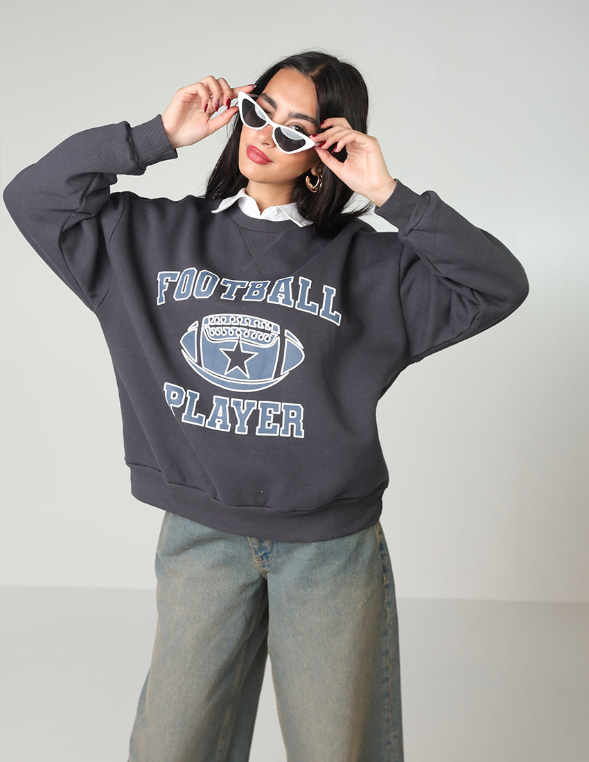 Cotton Sweatshirt with Crew Neckline and Football Print
