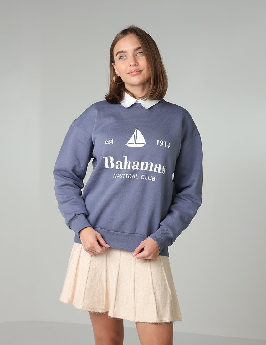 Blue Sweatshirt with Crew Neckline and Bahamas Nautical Club Graphic
