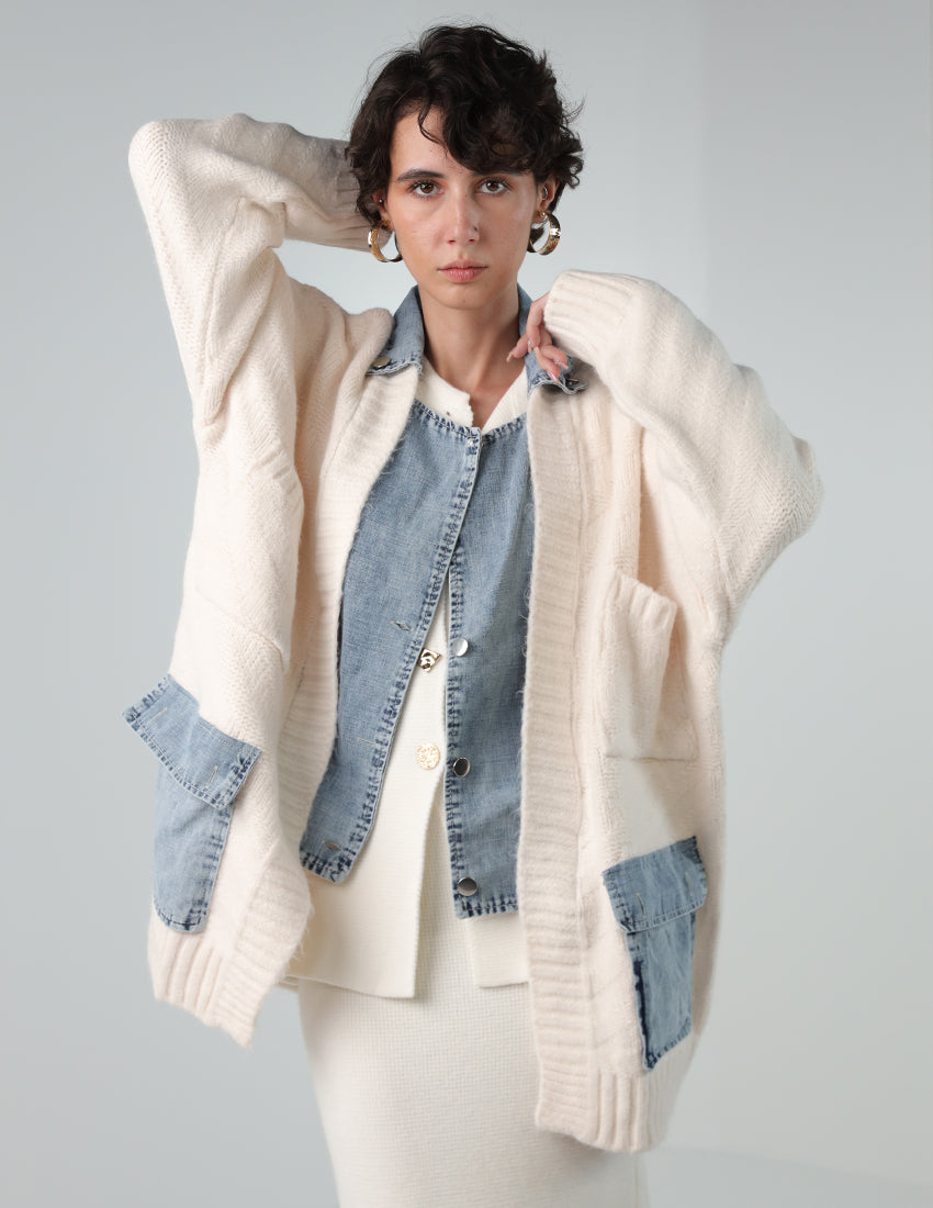 Two-Layer Tricot Beige Cardigan with Blue Shirt and Patch Pockets