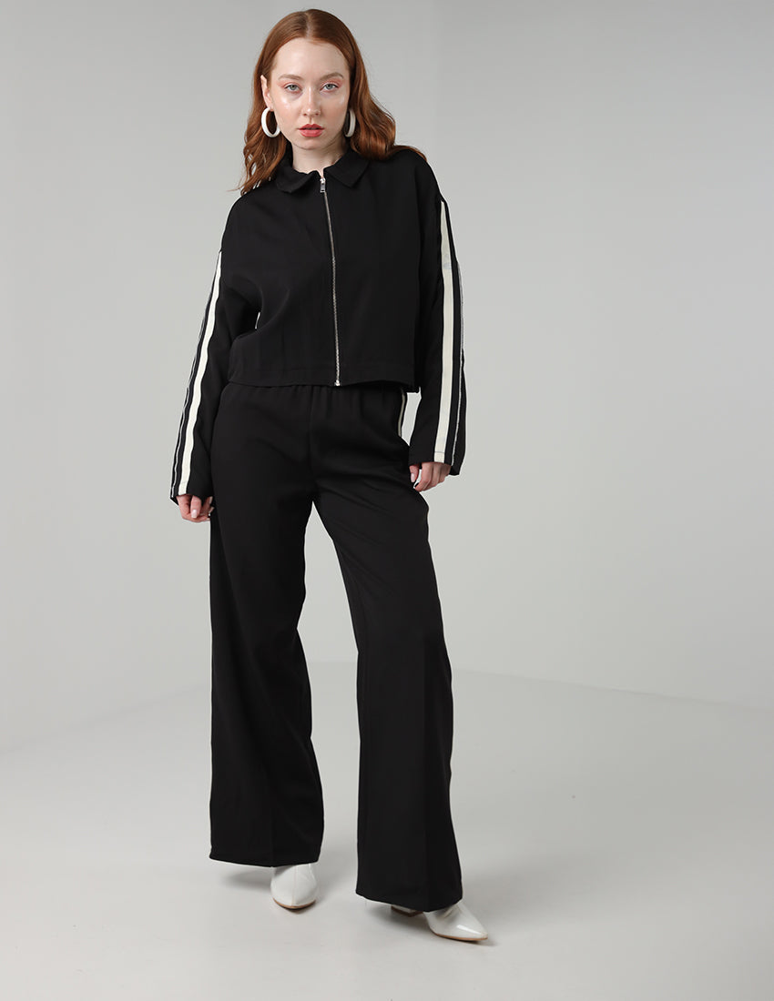 Black jacket and pants set with a side stripe