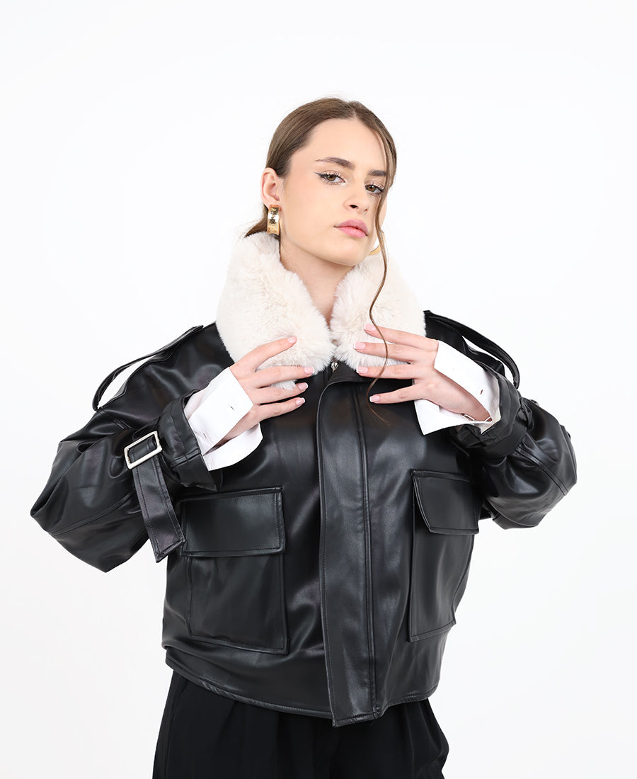 Black leather jacket with white fur