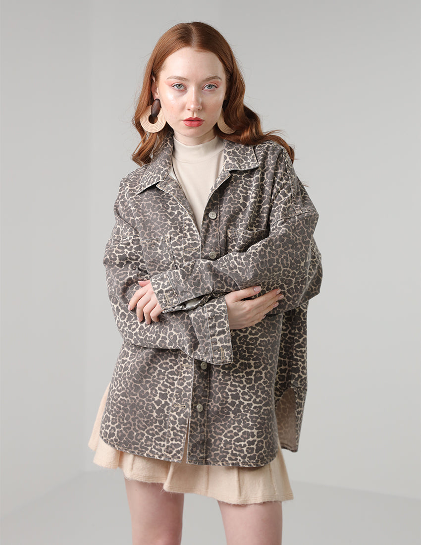 Long Denim Jacket - Leopard Print