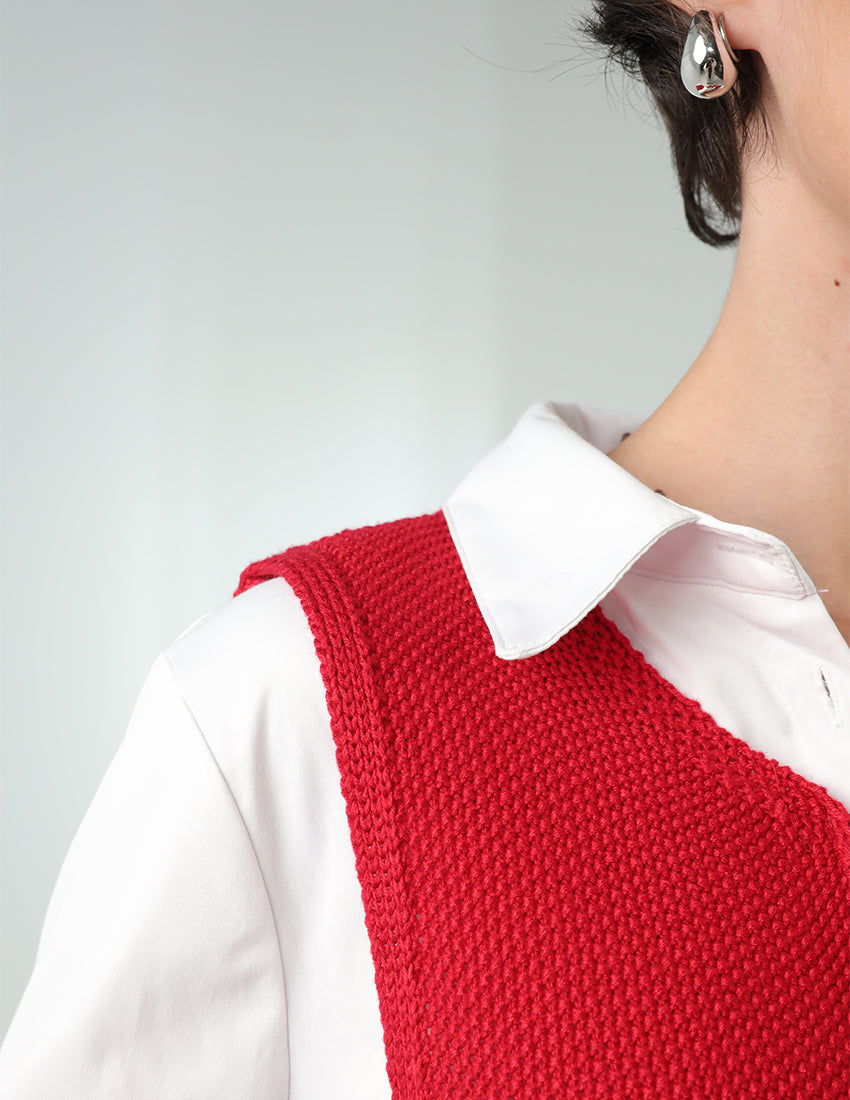 Tricot Tank Top with Triple Front Ties and Crew Neckline