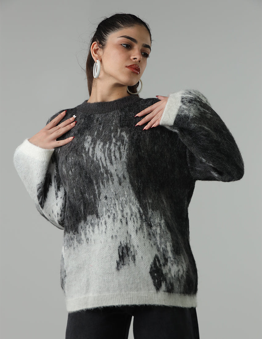 Abstract Print Knit Wool Sweater with Wide Sleeves