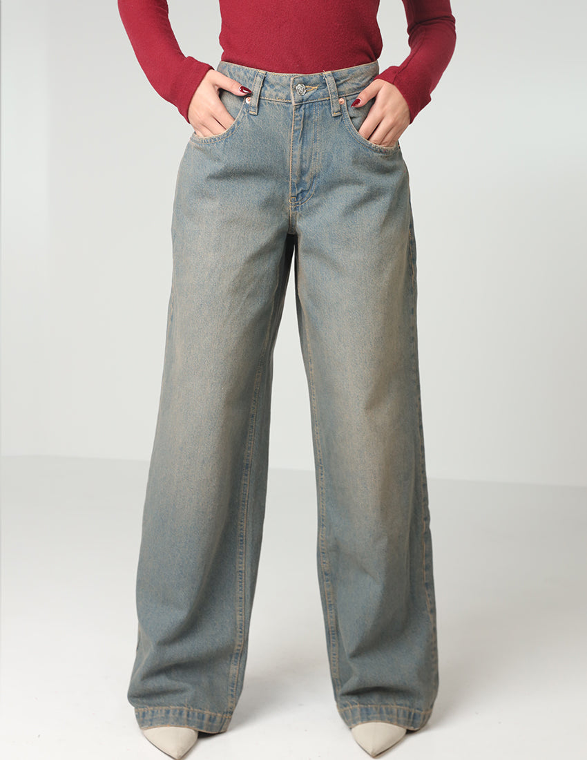 Wide-Legged Denim with Washed Color Style
