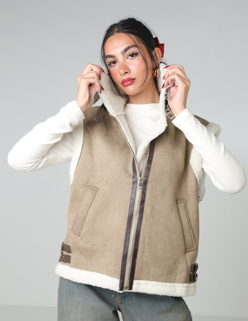 Wool-Lined Vest with Waist Belt and Zipper