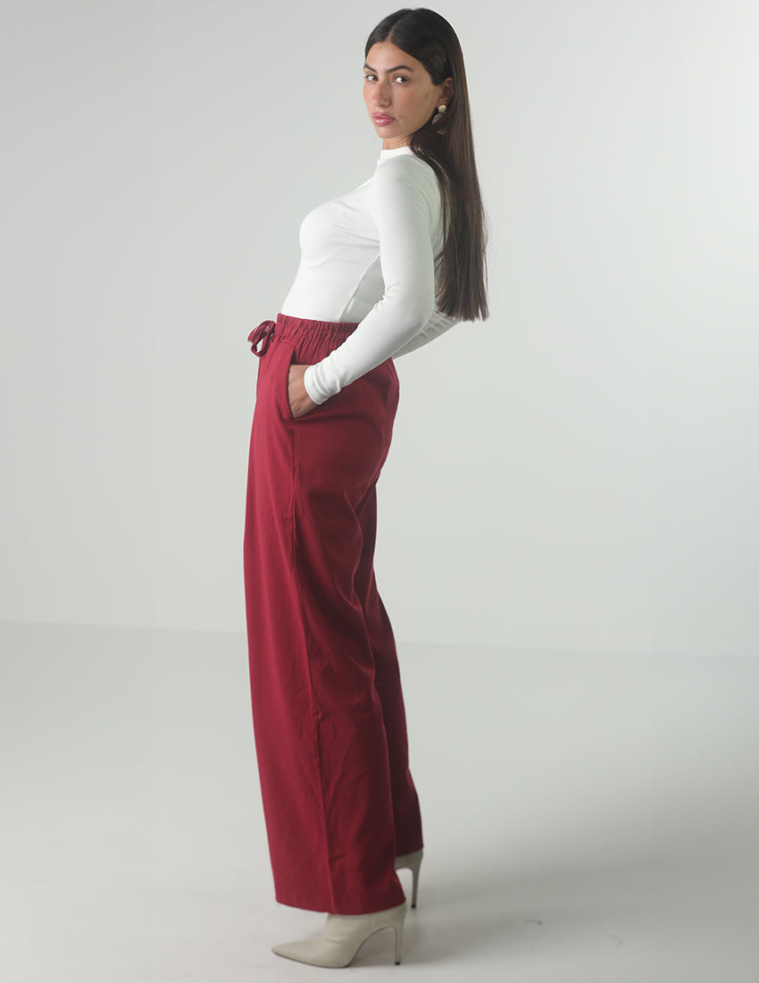 Wide-Leg Fabric Pants with Waist Ropes