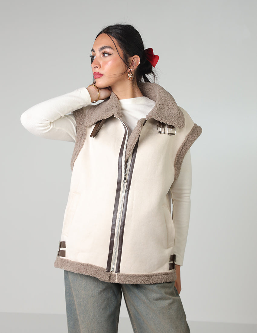 Wool-Lined Vest with Waist Belt and Zipper