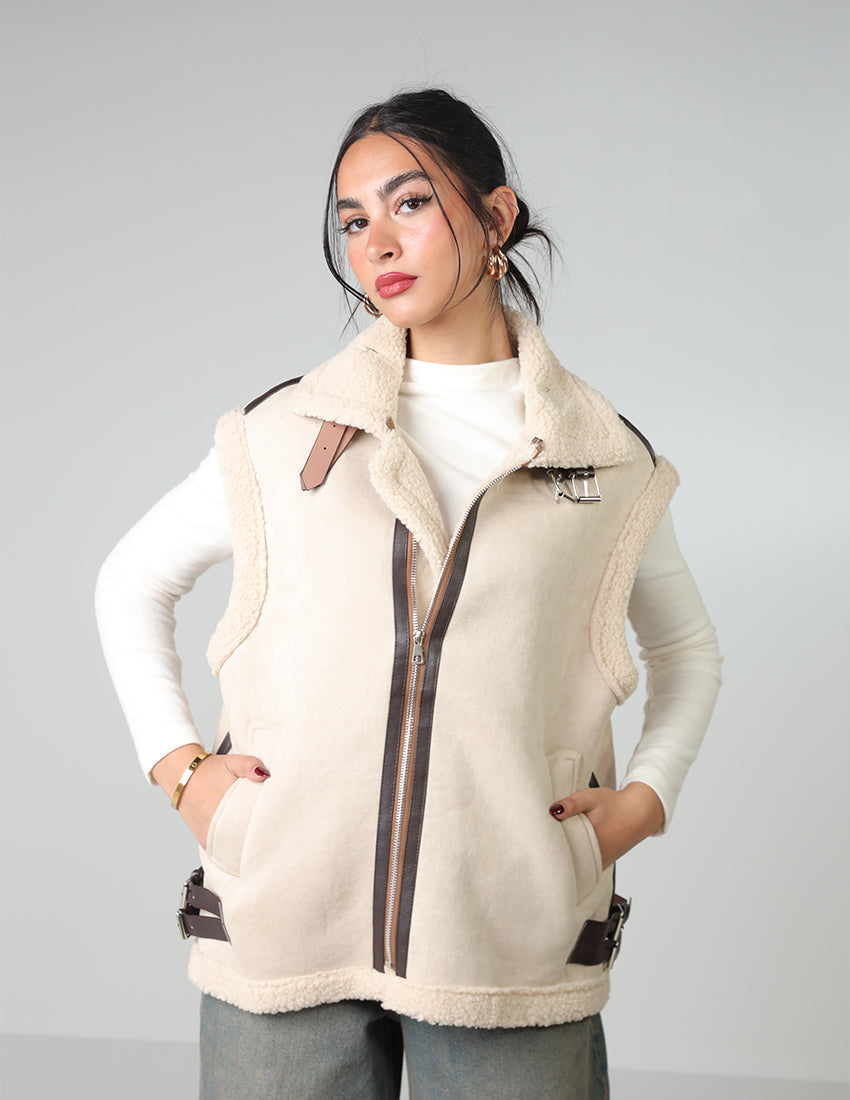 Wool-Lined Vest with Waist Belt and Zipper