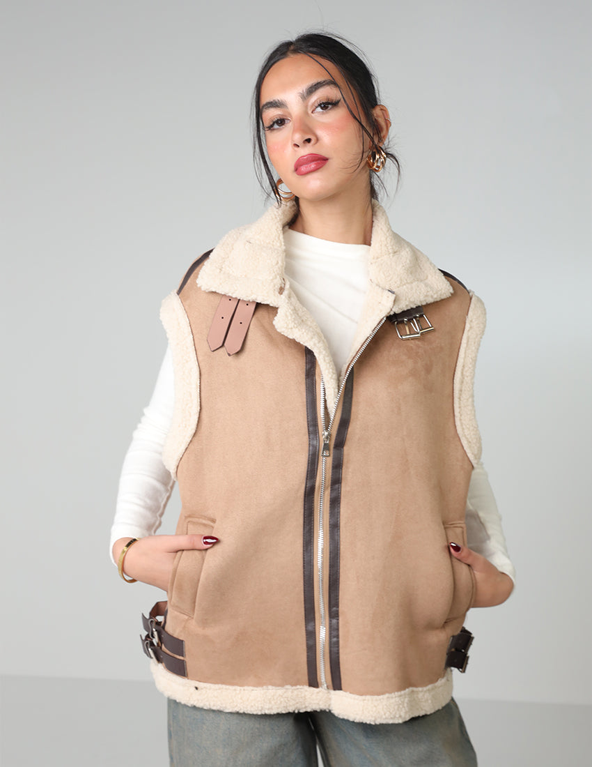 Wool-Lined Vest with Waist Belt and Zipper