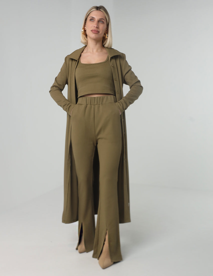 Three-Piece Ribbed Set with Longline Shirt