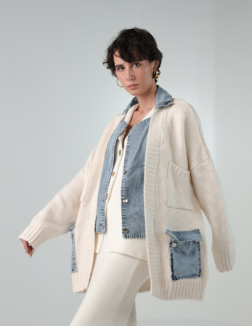 Two-Layer Tricot Beige Cardigan with Blue Shirt and Patch Pockets