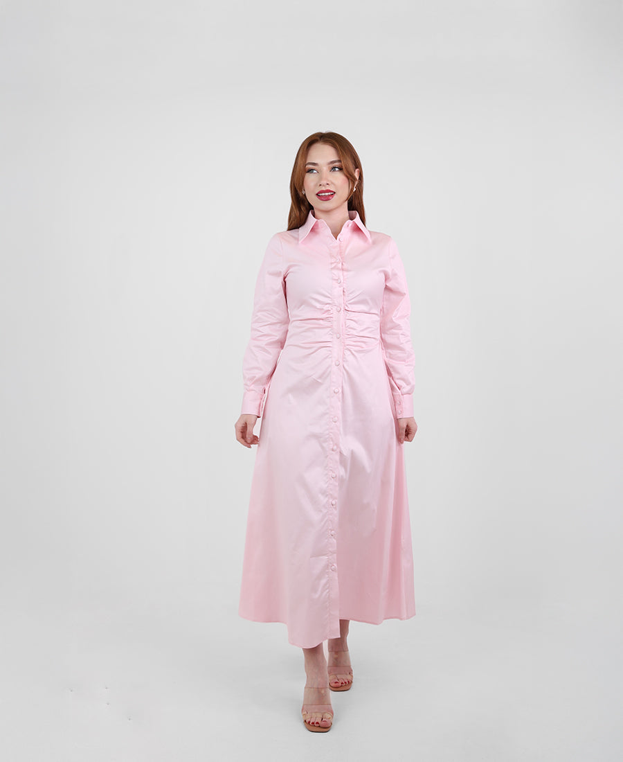 Long dress with a ruffled waist and buttons