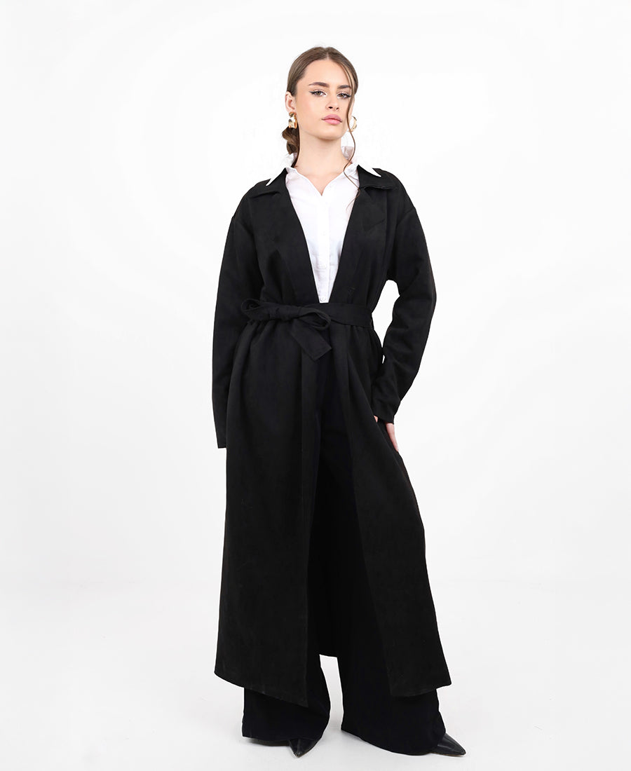 Long suede jacket with waist tie