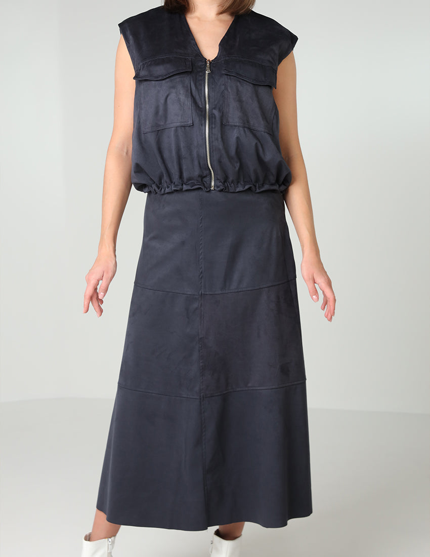 Two-Piece Set: Zipper Vest with Patch Pockets and Long Skirt