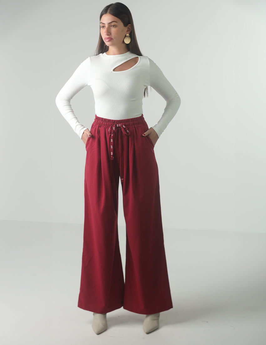 Wide-Leg Fabric Pants with Waist Ropes