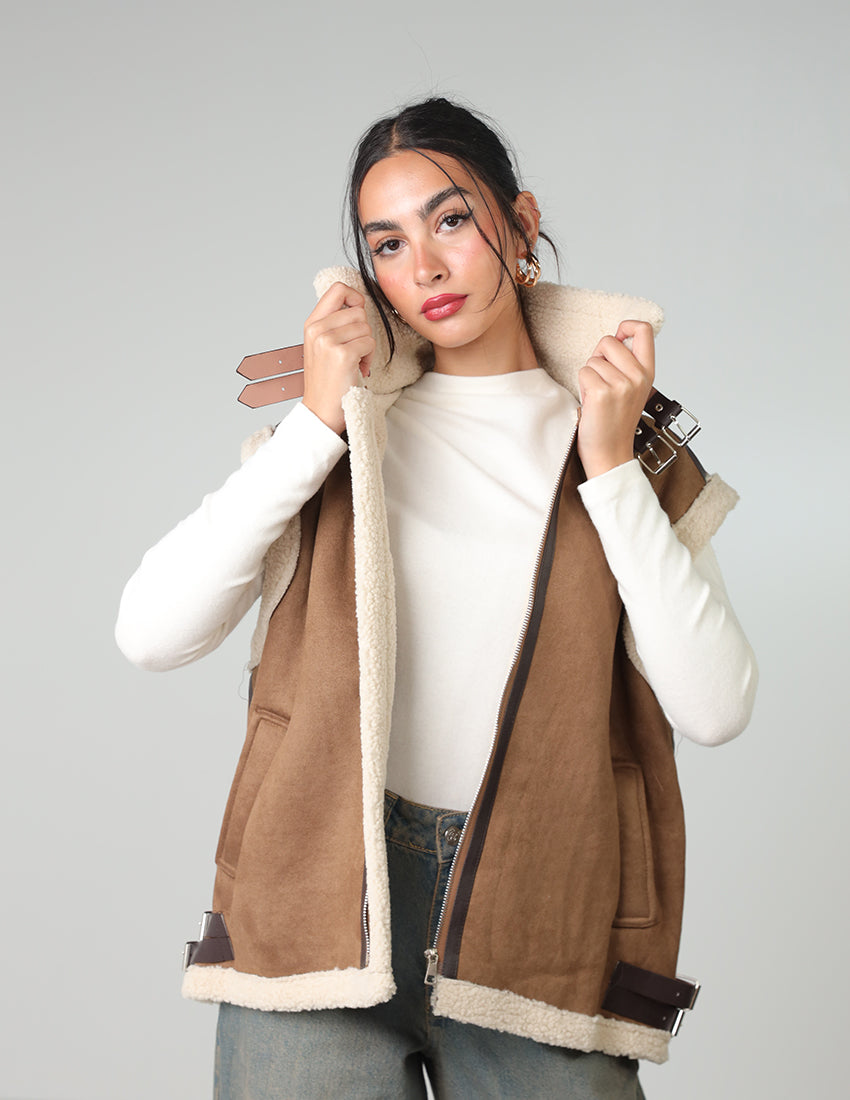 Wool-Lined Vest with Waist Belt and Zipper