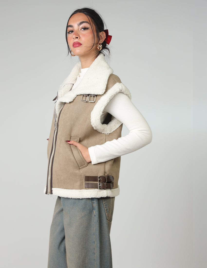 Wool-Lined Vest with Waist Belt and Zipper