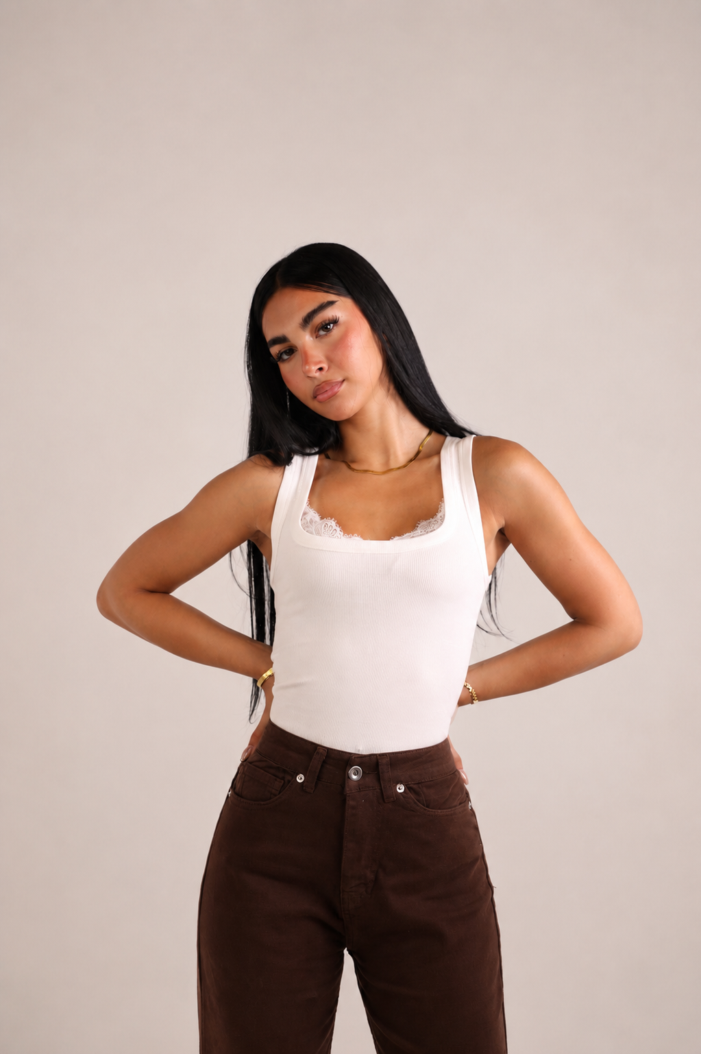Sleeveless top with lace bodice