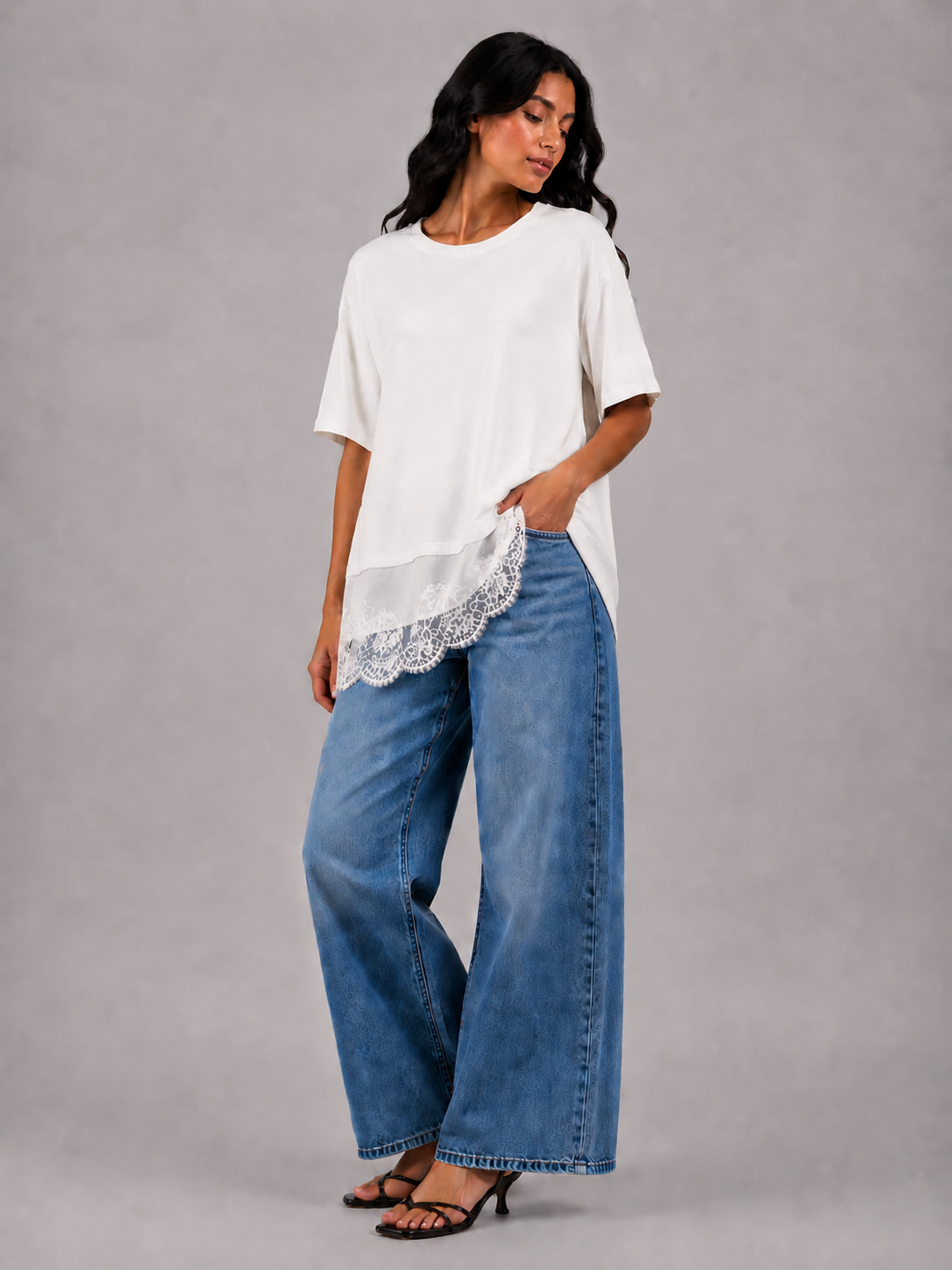 Lace satin waist T-shirt
