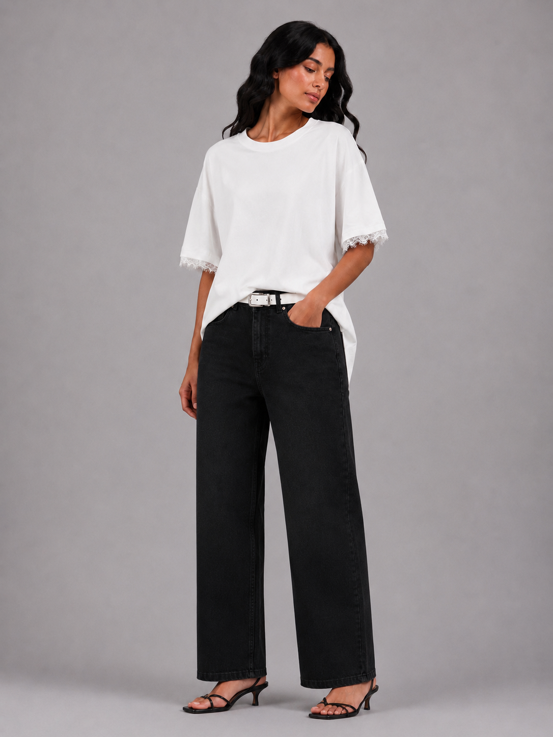 Oversized T-shirt with lace sleeves