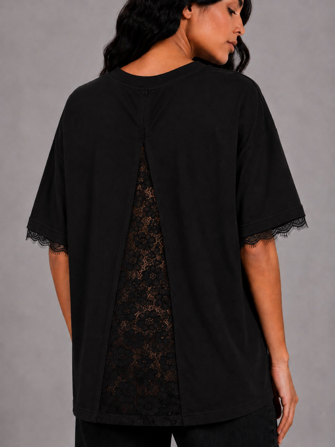 Oversized T-shirt with lace sleeves