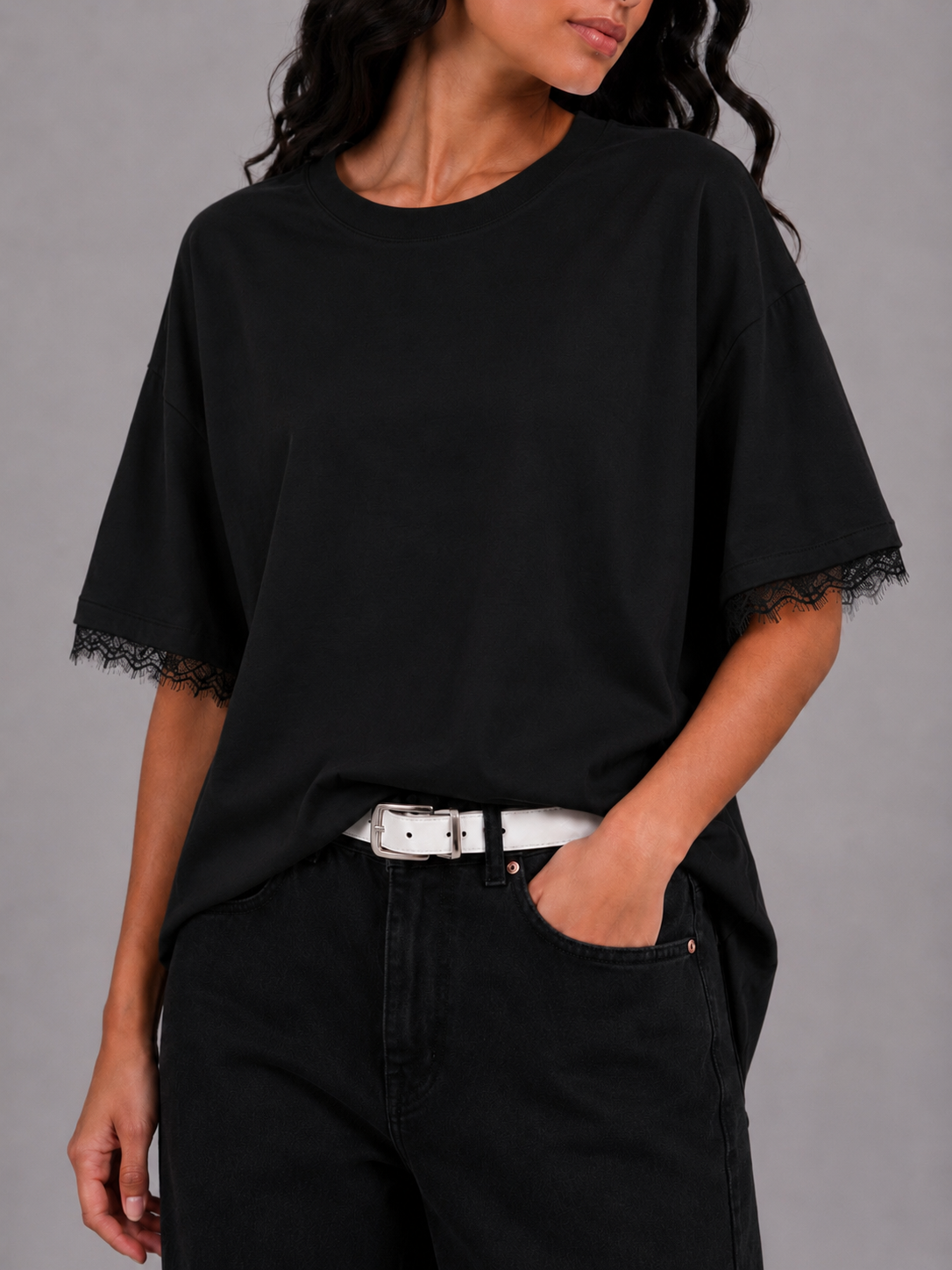 Oversized T-shirt with lace sleeves