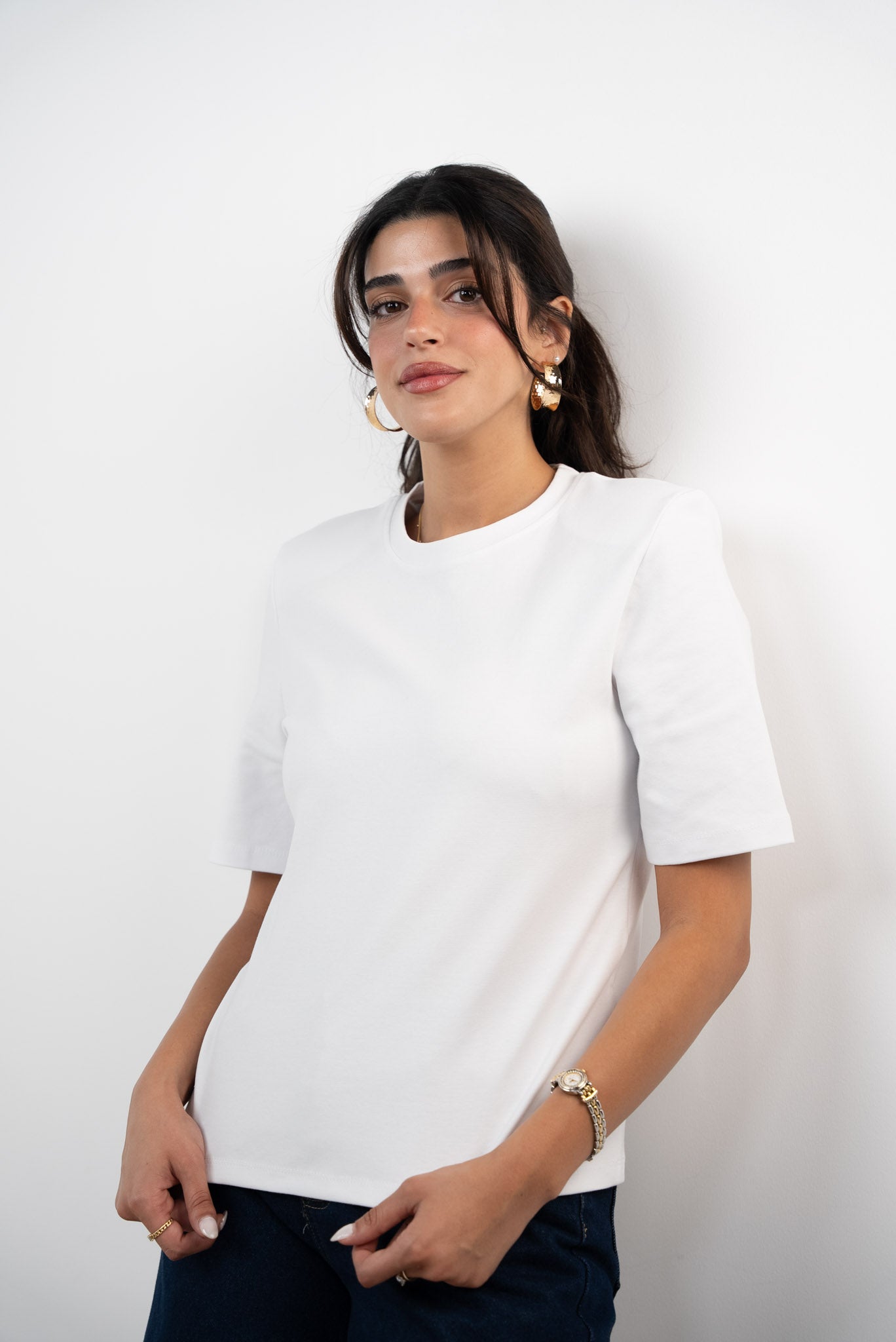 Padded shoulder mid sleeve T-shirt