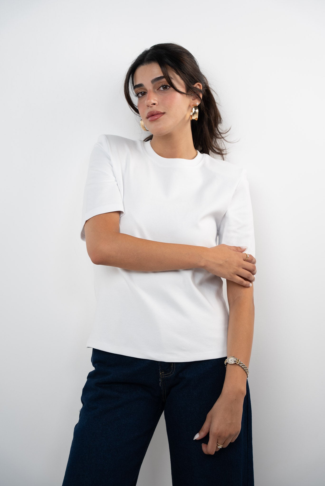 Padded shoulder mid sleeve T-shirt