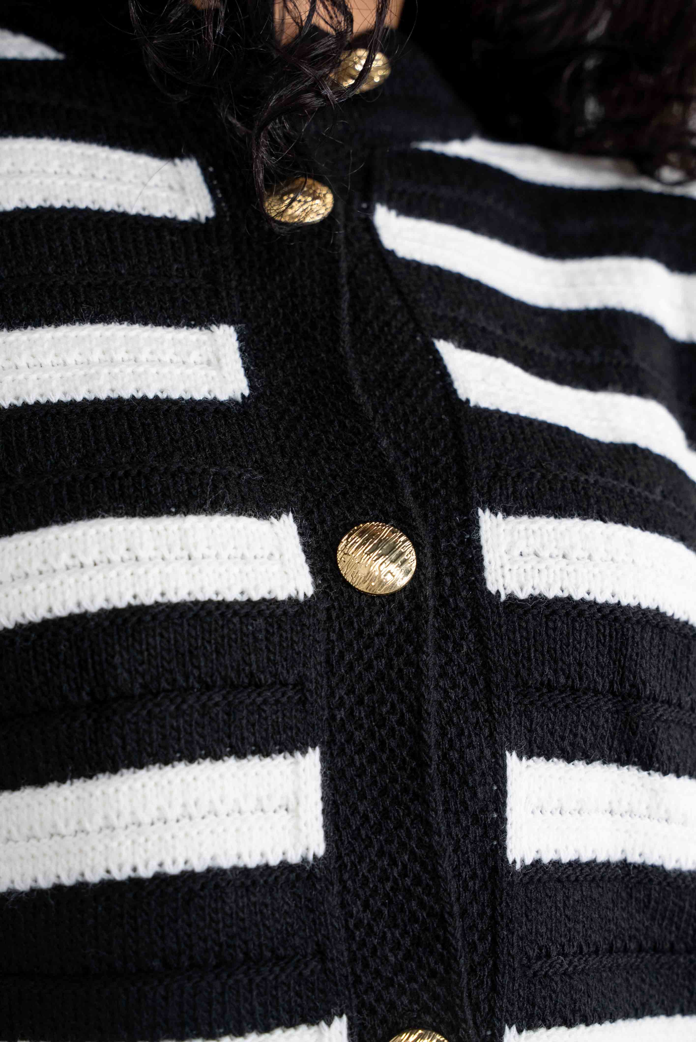 Short black and white striped cardigan with gold buttons