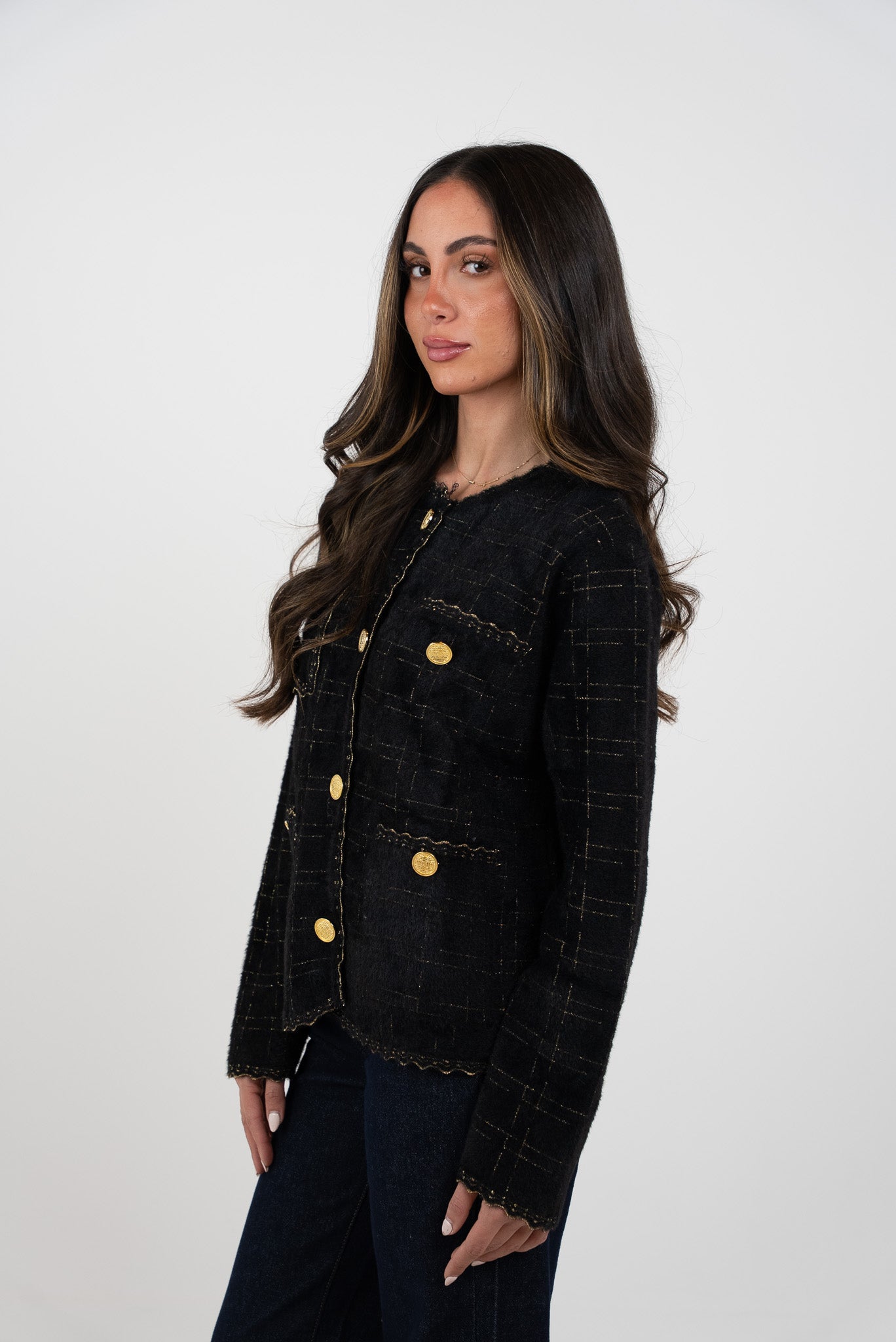 Button-down blouse with gold stripes