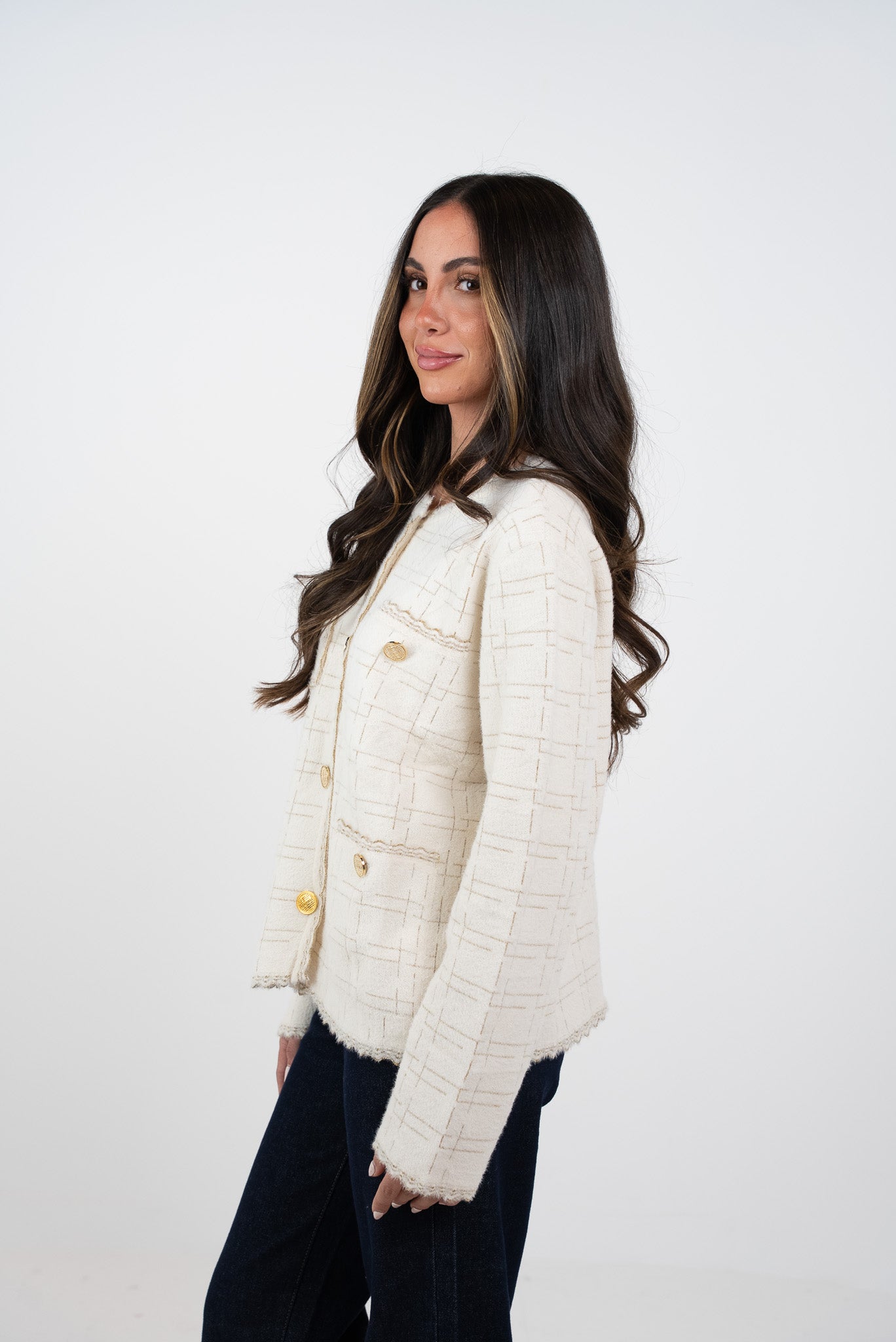 Button-down blouse with gold stripes