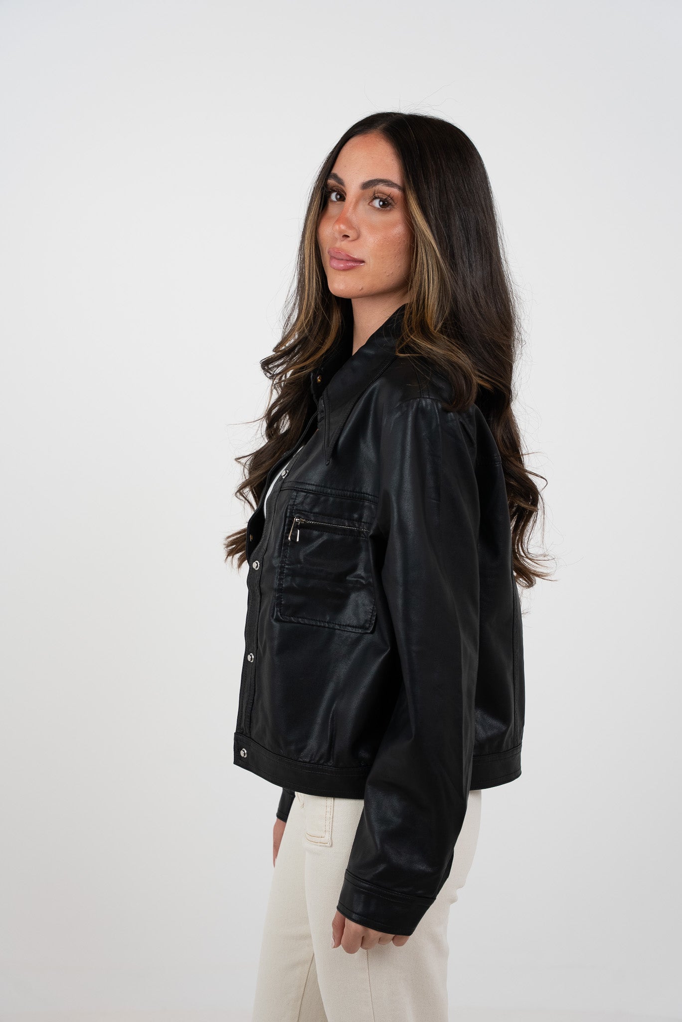 Leather jacket with button closure