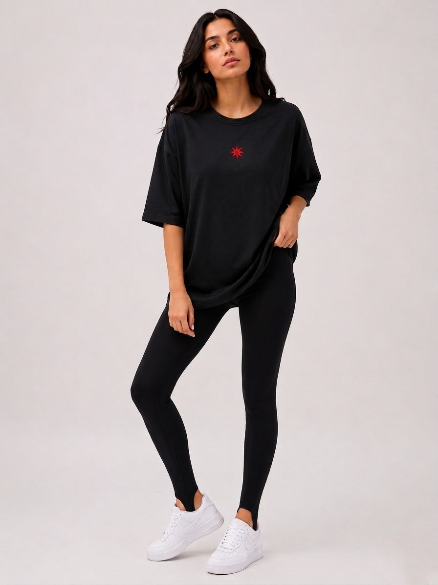 Oversized T-shirt with a red star on the front and back: "One nation. One voice. One dream."