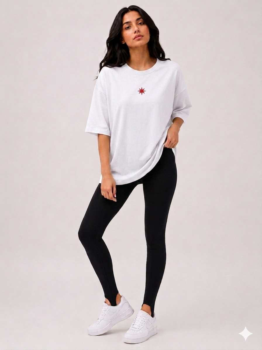 Oversized T-shirt with a red star on the front and back: "One nation. One voice. One dream."