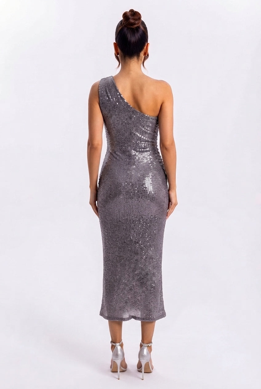 Long one-shoulder silver sequin dress