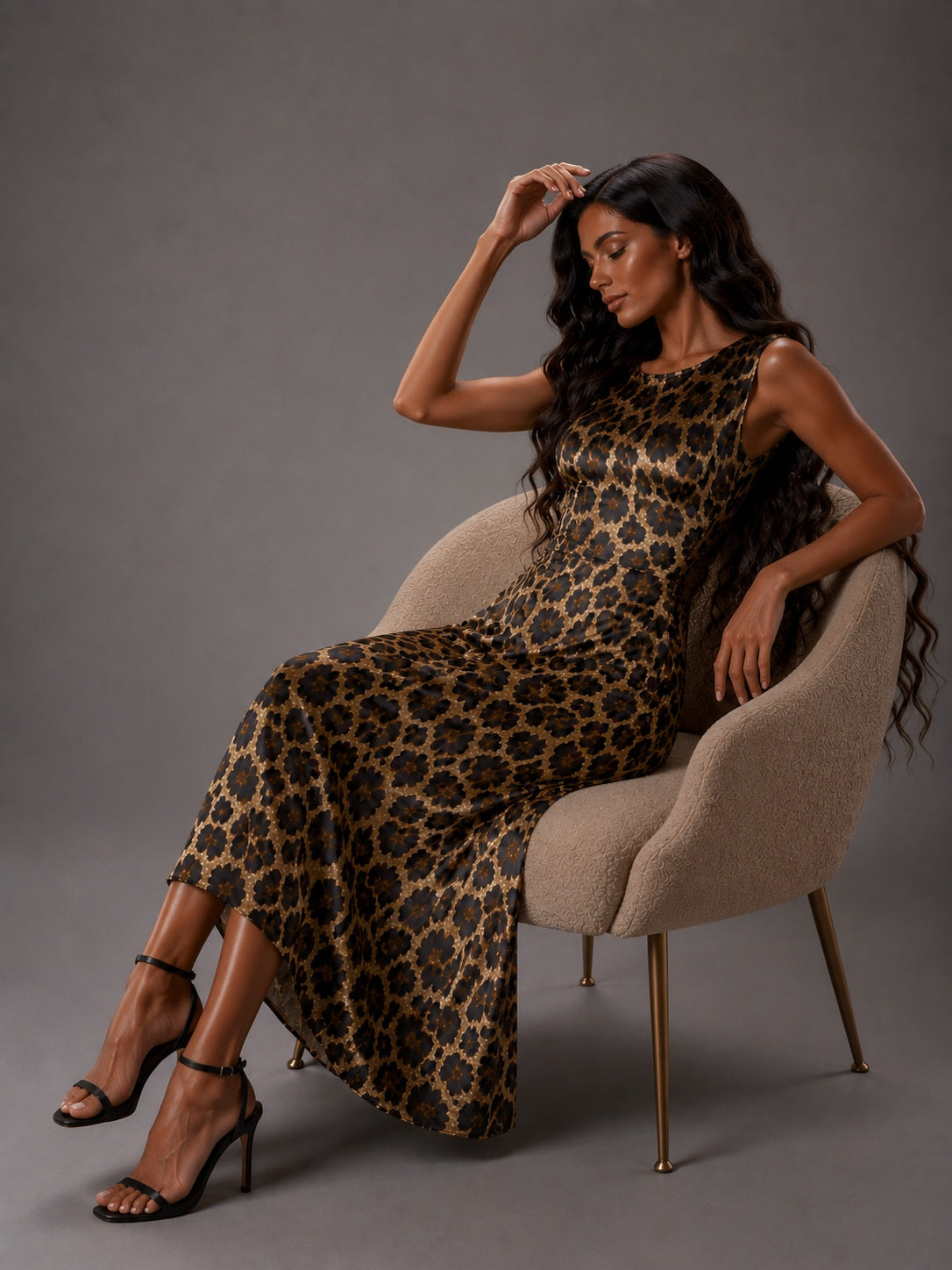Long satin tiger-print dress