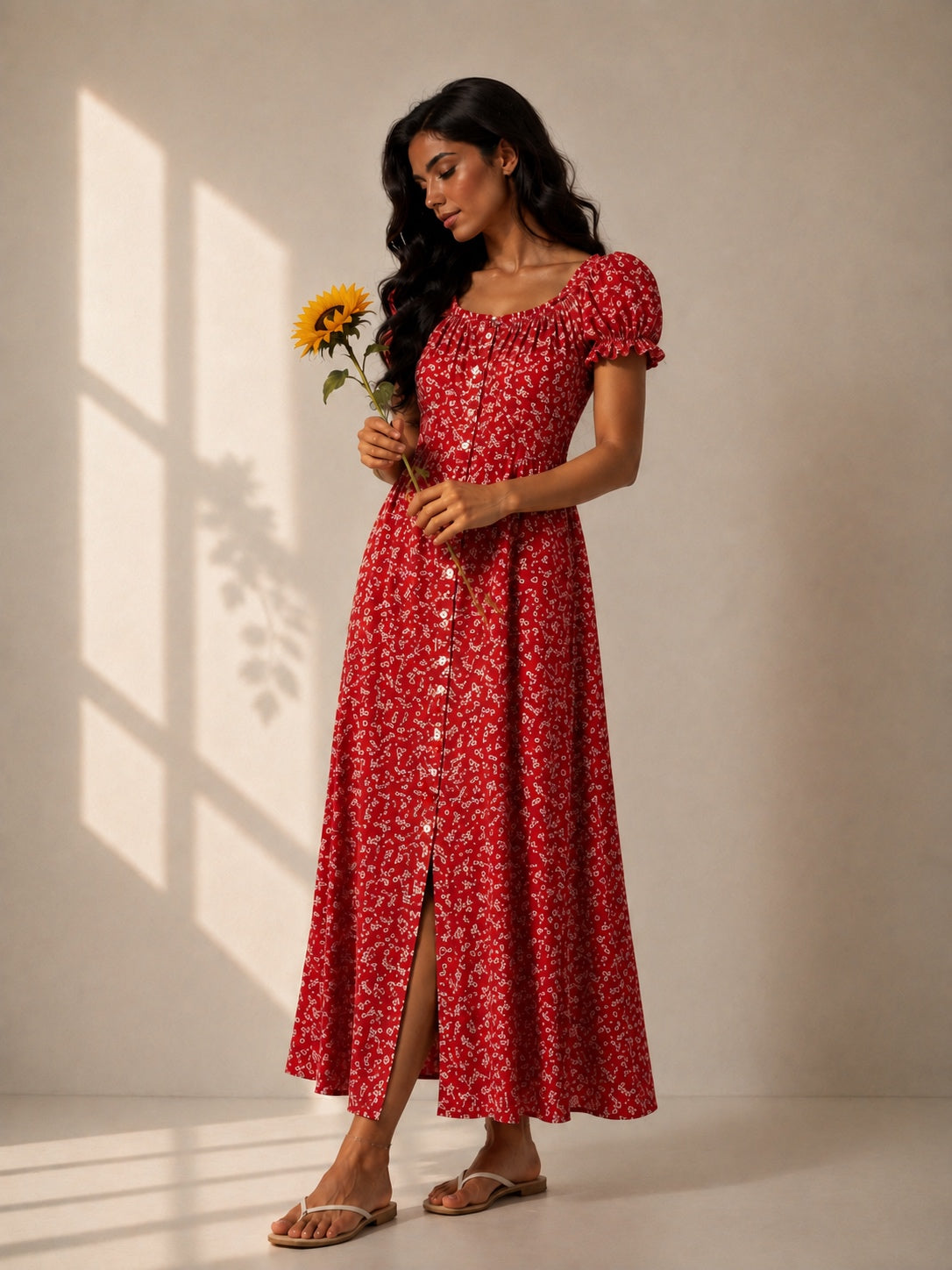 Long red floral dress with buttons