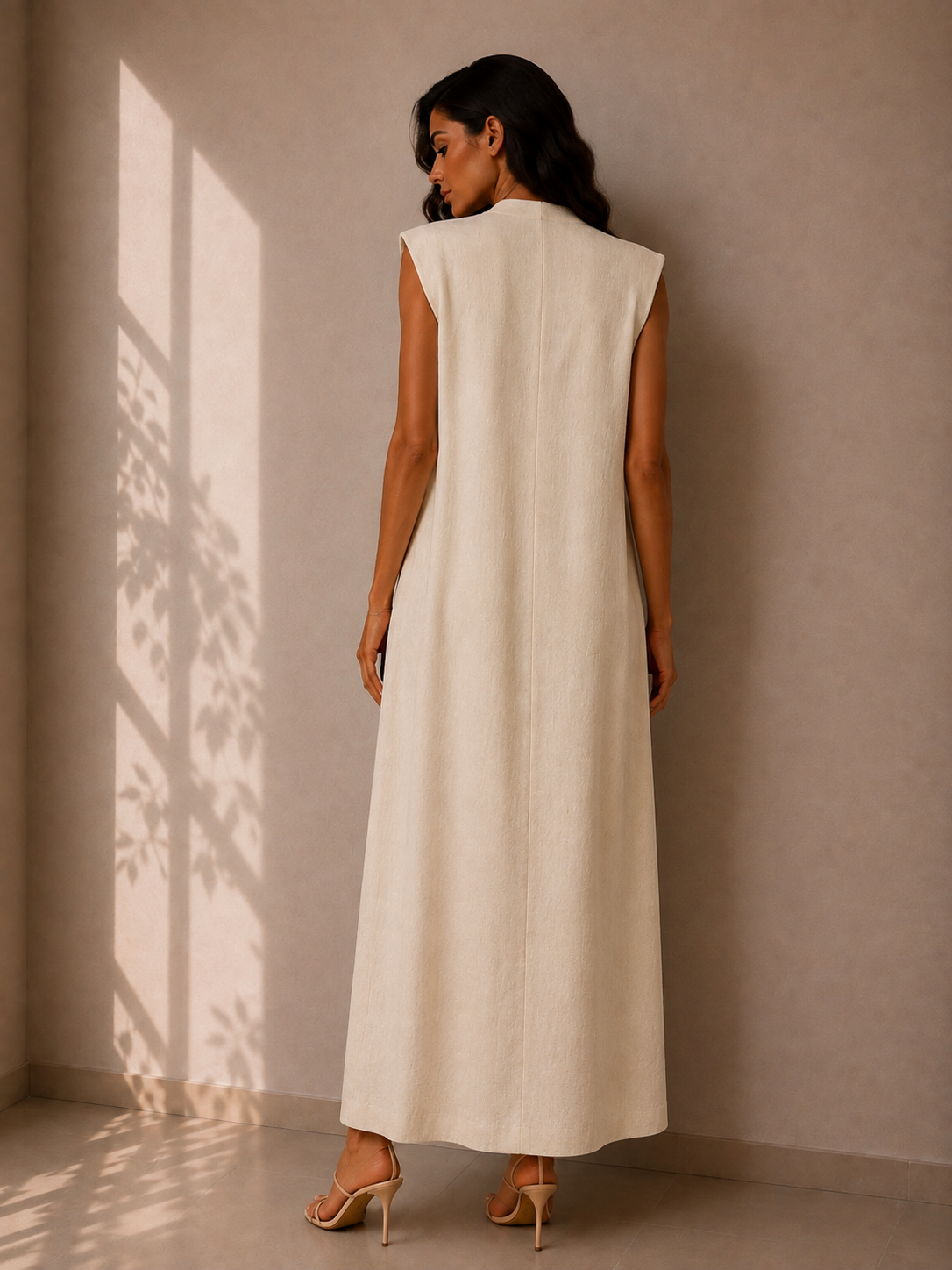 Long beige dress with a V-neck, wide shoulder cutout, and a slit at the back.