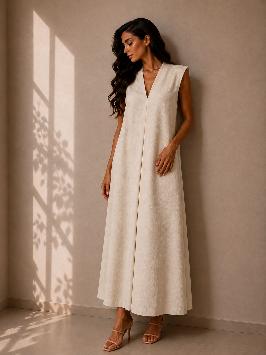 Long beige dress with a V-neck, wide shoulder cutout, and a slit at the back.