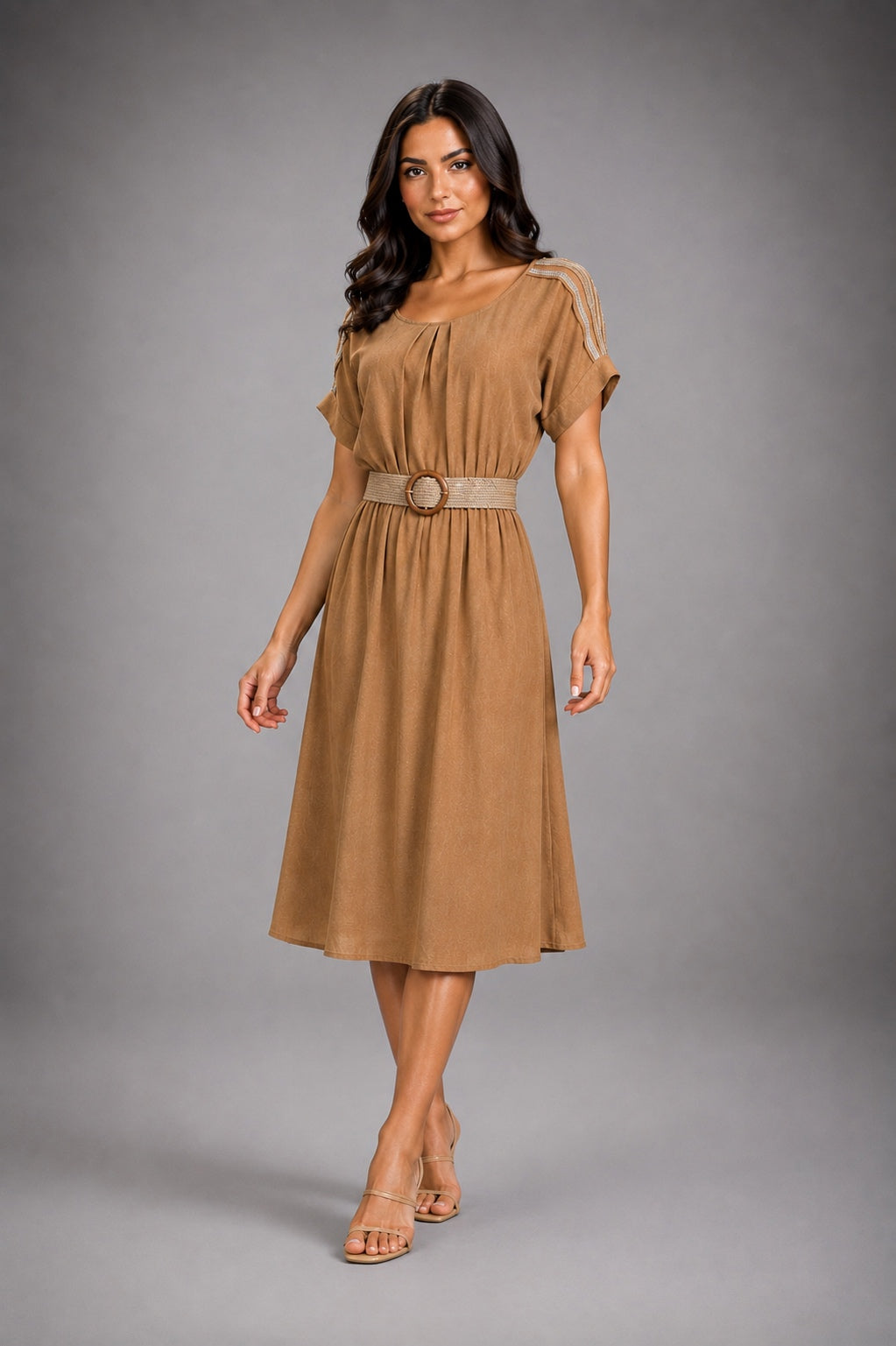 Midi dress with half sleeves subtle sheen and a straw belt.