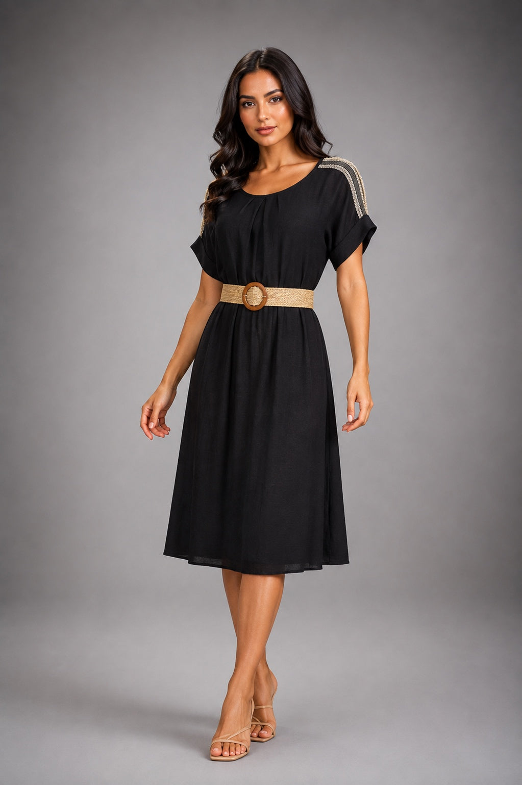Midi dress with half sleeves subtle sheen and a straw belt.