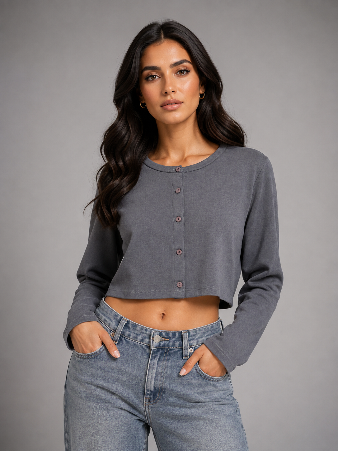 Grey button-front crop top with sleeves