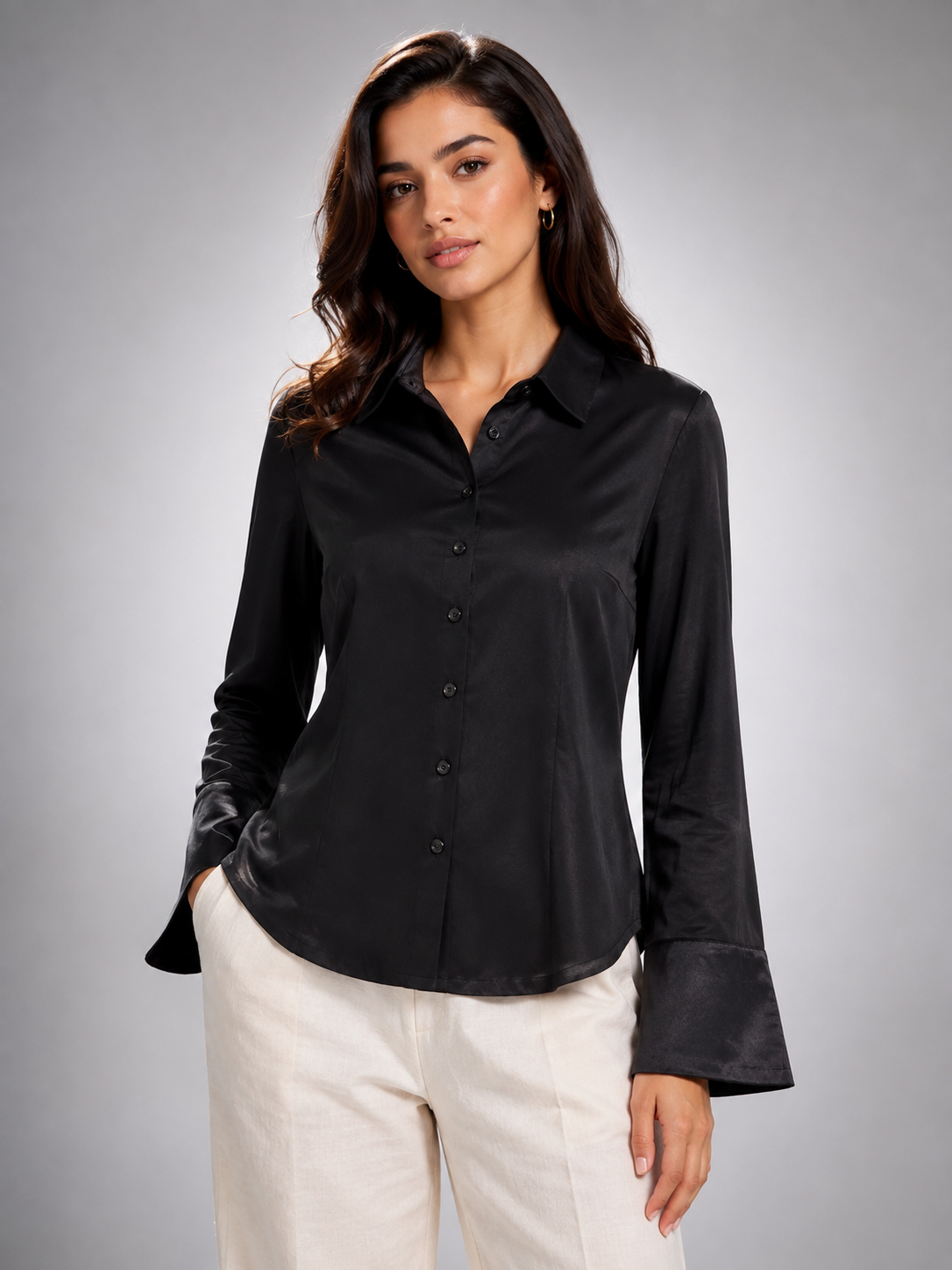 Black satin fitted shirt