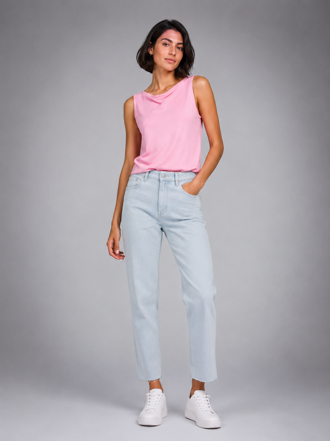 Blue tapered jeans with cropped hems