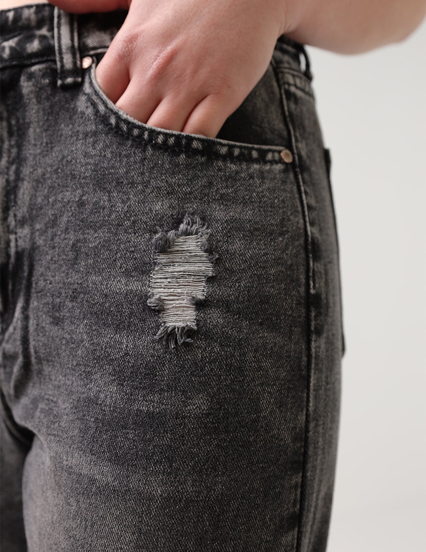 بنطال جينز مستقيم الساق باللون الرمادي الداكن